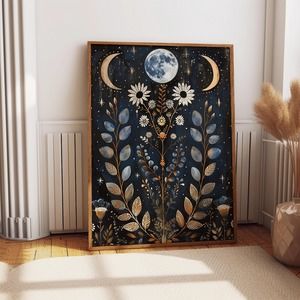 Moon Phases With Floral Wall Art - Mystical Celestial Night Sky Wall Decor